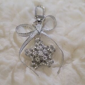 Handmade Silver/White Beaded Star Keychain with Wired Bow